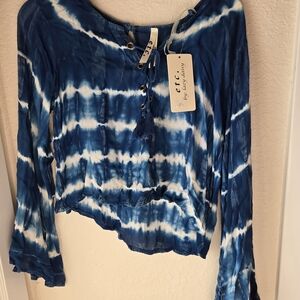 TC Navy and White Tie-Dye Lace-Up Blouse